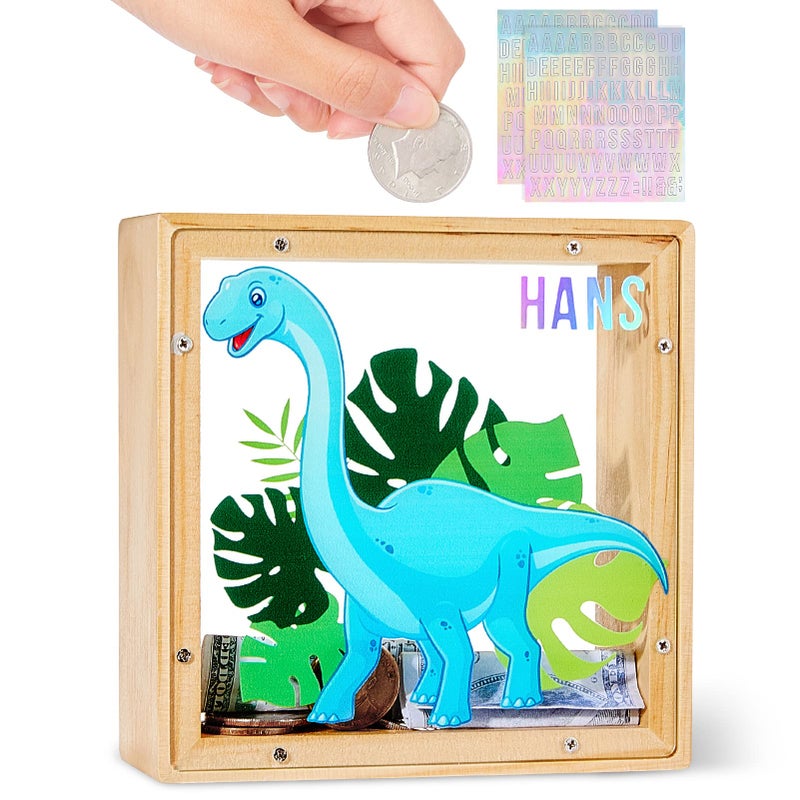 ICOSY Wooden Piggy Bank for Kids Boys Girls, DIY Name Coin Bank Unicorn Dinosaur Money Bank with Letter Stickers - Image 1